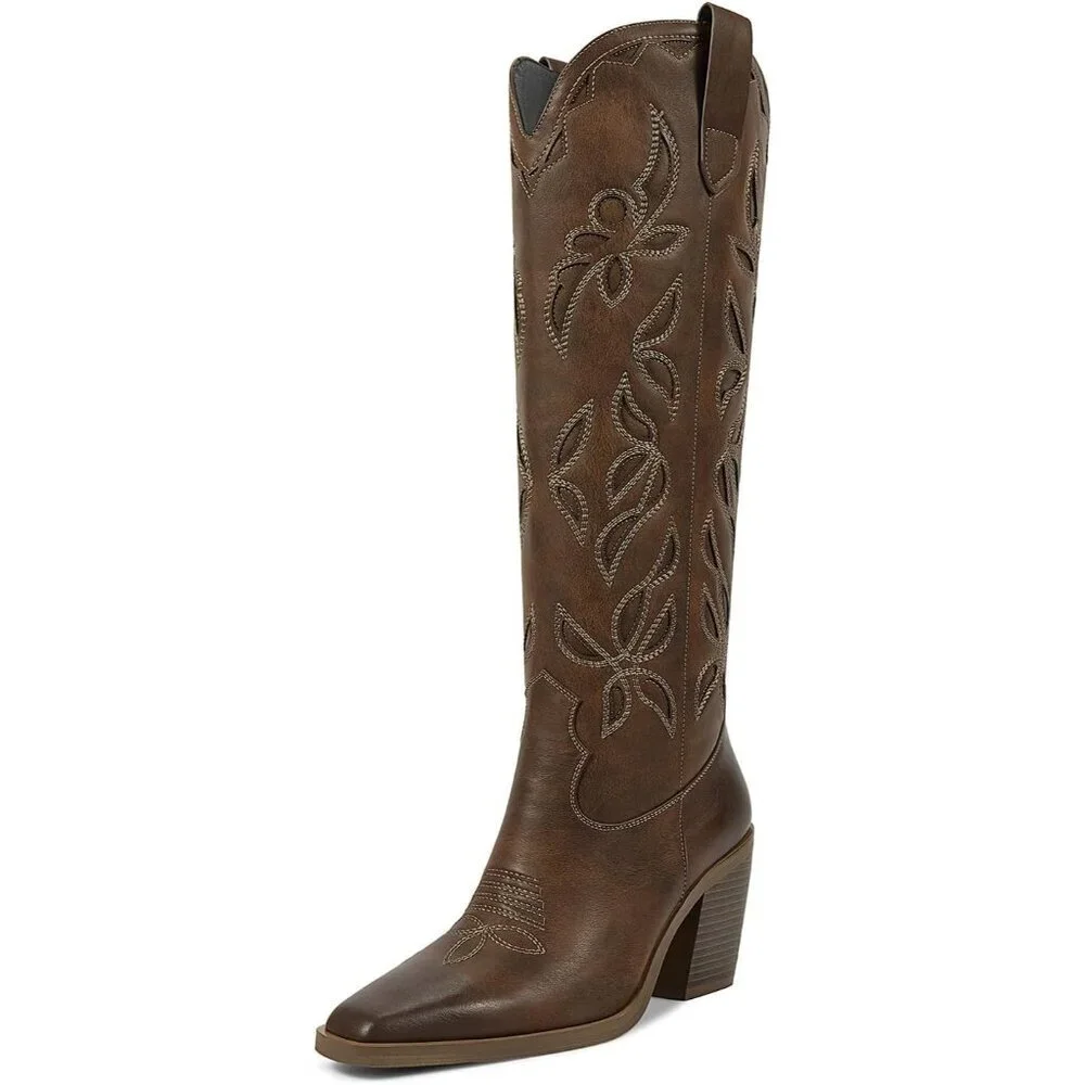 Women Knee Dark Brown Faux Leather Pull On Tab Chunky Heel Pointed Toe Boots